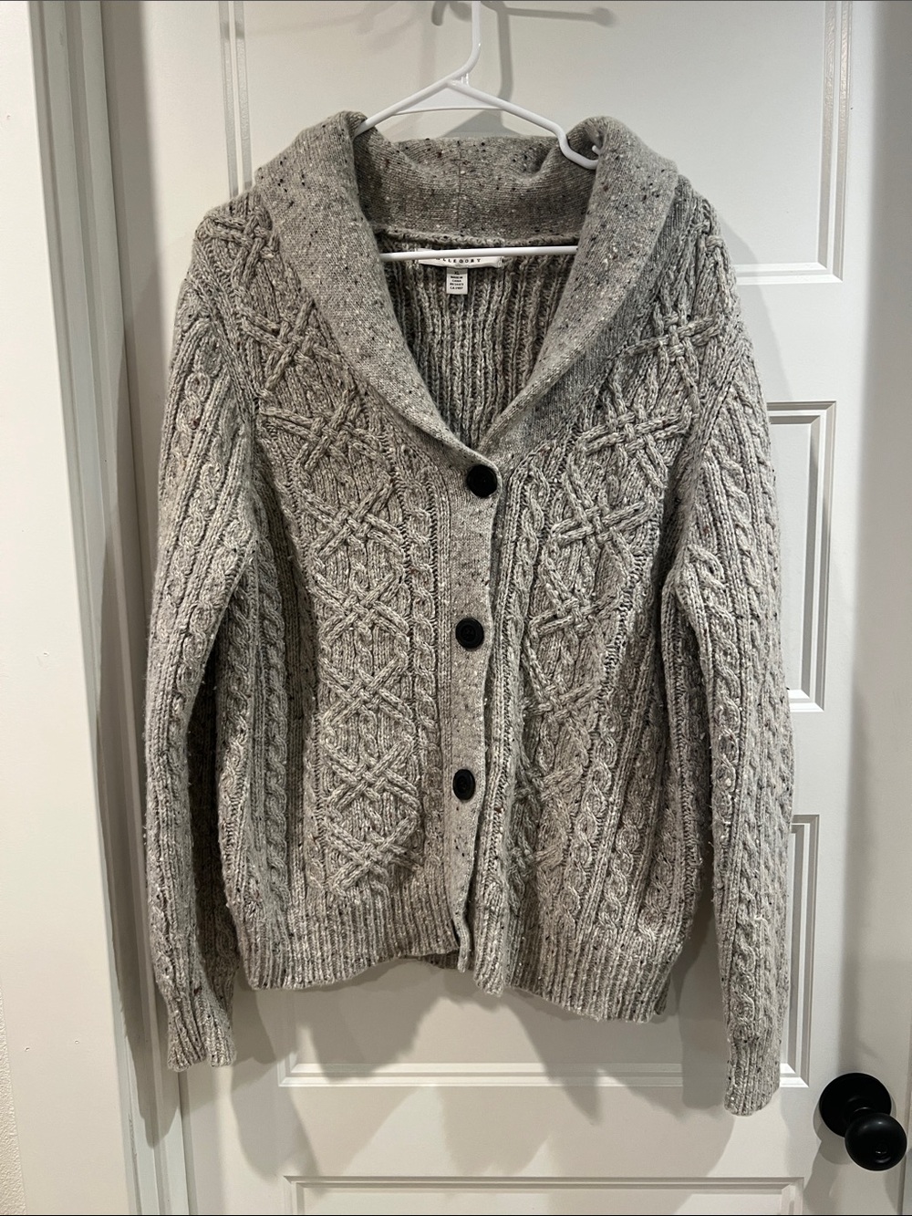 Shawl-Collar Cable Knit Cardigan Sweater - Light Gray